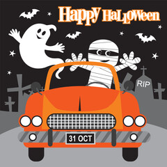 Halloween Mummy and Ghost in a Car