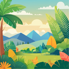 Stylized illustration of bold tropical plants in vibrant saturated hues