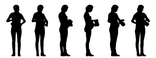 Vector concept conceptual black silhouette of a pregnant woman pouring water into a cup from different perspectives isolated on white background. A metaphor for relaxation, care, leisure and motherhoo