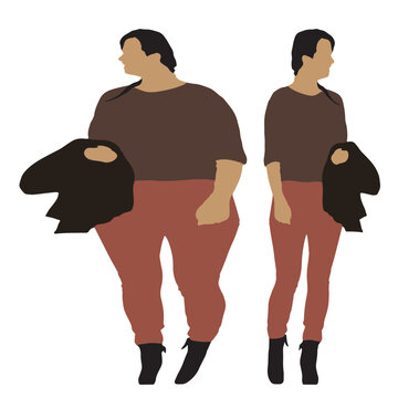 Conceptual fat overweight obese female vs slim fit healthy body after weight loss or diet on white background. A  fitness, nutrition or obesity, health shape illustration vector as silhouettes