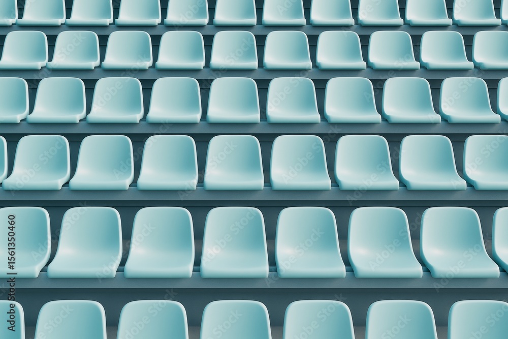 Poster Empty light blue stadium seats arranged in rows with clean geometric pattern in minimal style on dark background, symbolizing loneliness or waiting.