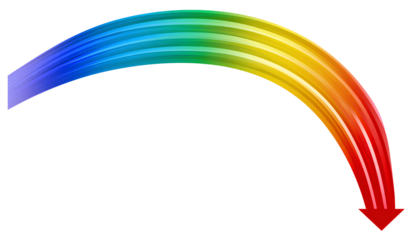 Rainbow curved arrow pointing downward, on a transparent background