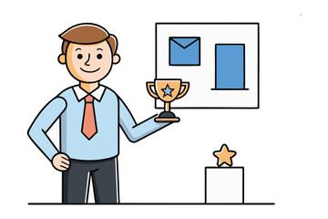 The Victor's Emblem: Illustration of a person with the golden trophy. The illustration features a victorious man, clutching a golden trophy against a backdrop of an achievement visual.