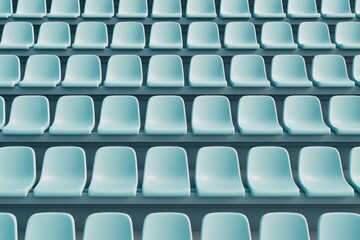 Fototapeta premium Empty light blue stadium seats arranged in rows with clean geometric pattern in minimal style on dark background, symbolizing loneliness or waiting.