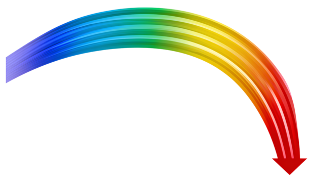 Rainbow curved arrow pointing downward, on a transparent background - Powered by Adobe