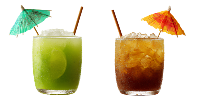 Green and brown coconut drinks with straws white background 
