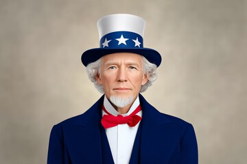 Elderly caucasian male in patriotic costume wearing blue hat with stars