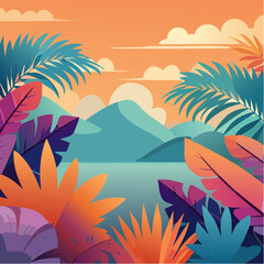 Stylized illustration of bold tropical plants in vibrant saturated hues
