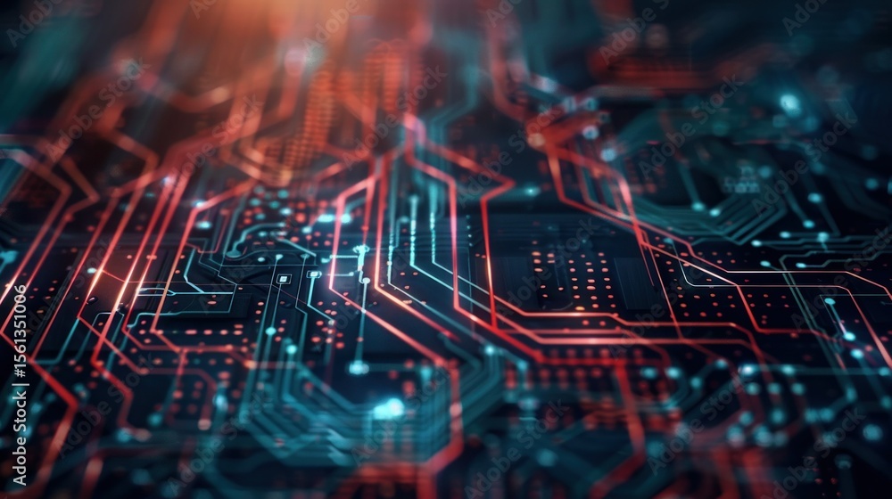 Poster futuristic tech background with circuit board patterns and data flow