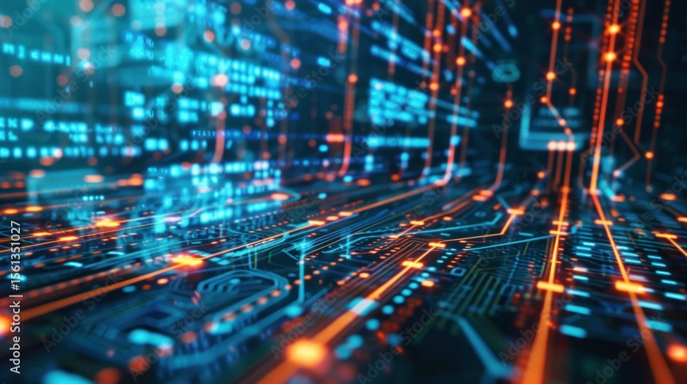 Poster futuristic tech background with circuit board patterns and data flow