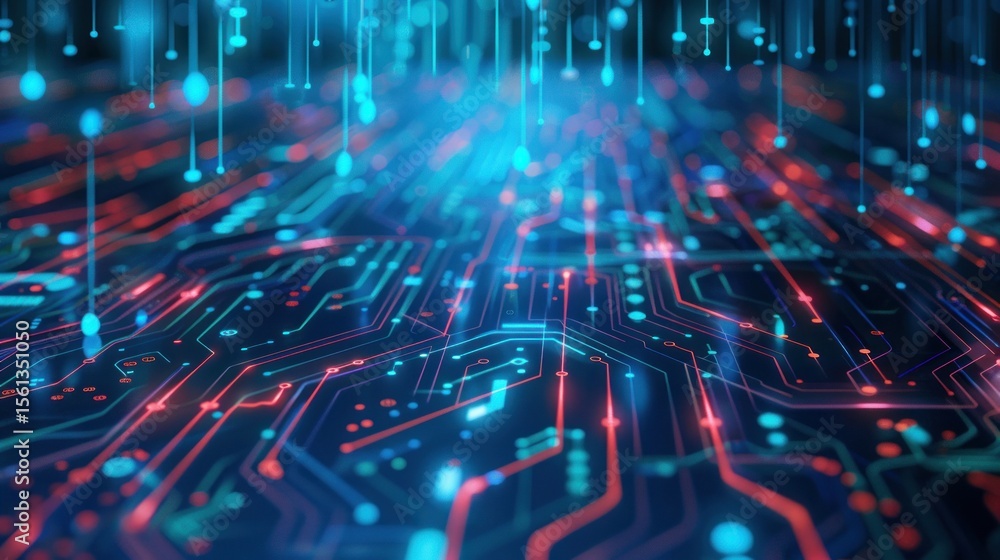 Poster Futuristic tech background with circuit board patterns and data flow