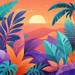 Stylized illustration of bold tropical plants in vibrant saturated hues