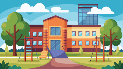 Fototapeta premium Colorful Learning Elements: School building exterior with playground and
