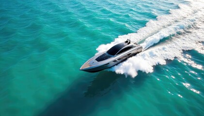 Naklejka premium Hydrofoil gliding across turquoise ocean, sunlight sparkling on sleek hull, tranquil aquatic vacation scene. Effortless speed and grace, perfect summer escape.