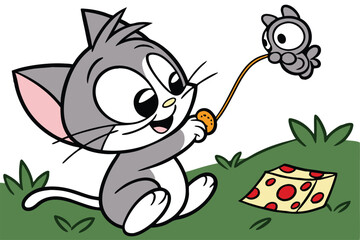 Playful cartoon cat enthusiastically chasing a small toy mouse with vibrant colors