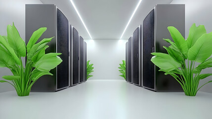 A data center with racks of energy-efficient servers, surrounded by indoor trees and plants, creating a serene and sustainable environment that reflects the future of green