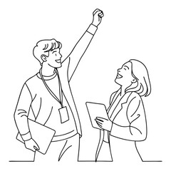 Happy Male and Female Managers Line Drawing Minimalist Teamwork Illustration