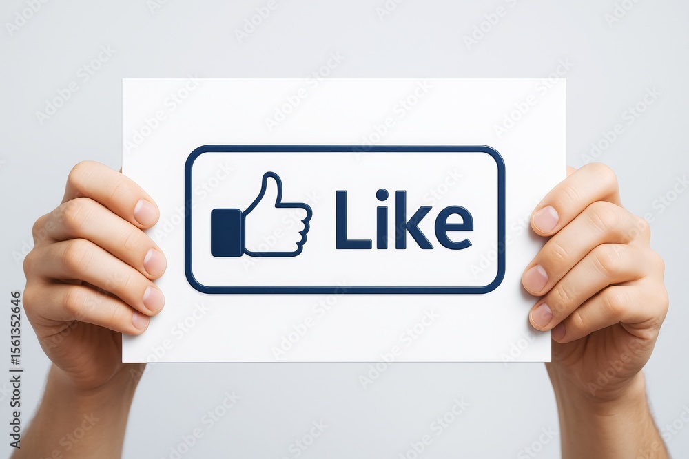 Aufkleber hands holding card with like button icon and thumbs-up symbol on light background representing socia