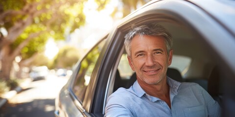 The smiling man enjoying a joyful moment inside his car on a sunny day.