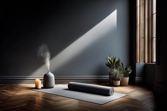 Peaceful home yoga space with mat, candle, diffuser, and plants in natural light