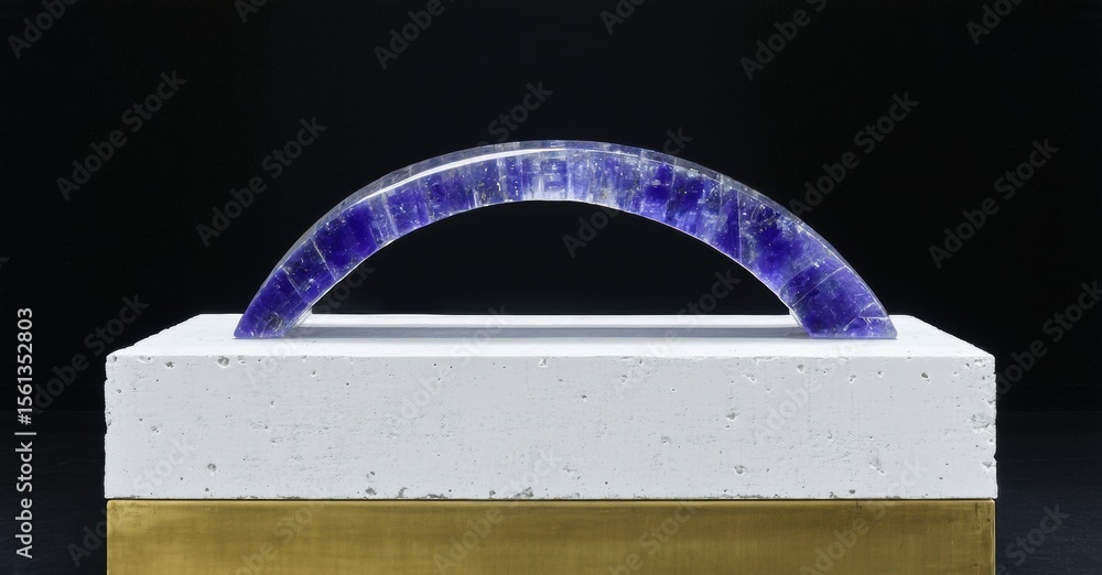 Poster sculpture features curved blue element atop white block resting on gold base. minimalist design, str