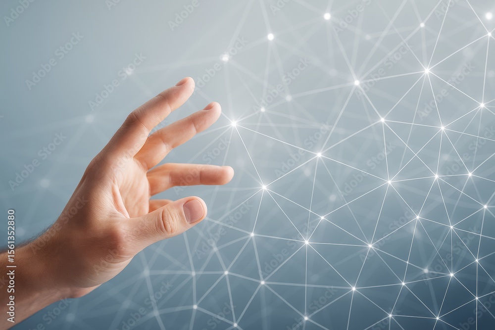 Poster human hand reaching towards glowing digital network of connected points on blue gradient background,