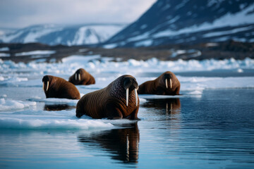 walruses on ice in the atarctic ocean