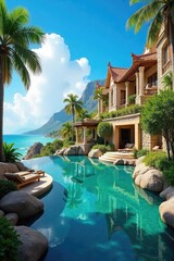 Luxurious Hotel with Stunning Architecture and Breathtaking Views Imagine waking to unparalleled comfort, lush landscaping, and a tranquil swimming pool nestled under vibrant blue skies.