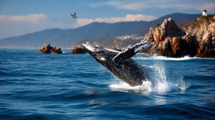 A BLUE WHALE JUMPIMG OUT OF THE WATER IN THE SEA