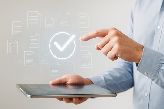 Businessman selecting digital checkmark icon on futuristic touchscreen interface above tablet on light background, digital document approval concept.