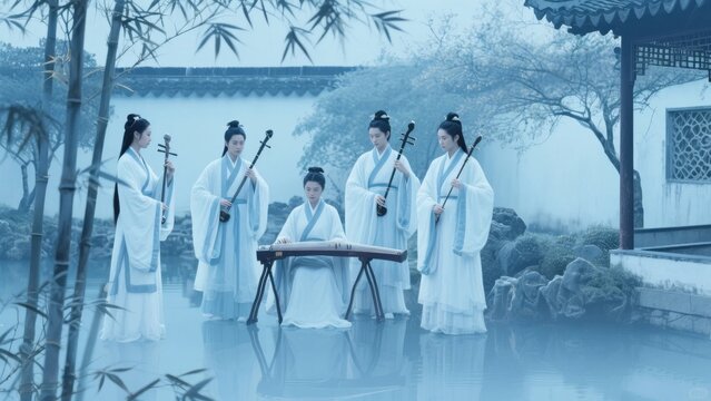 Traditional musicians in ancient attire performing with string instruments in a serene garden setting