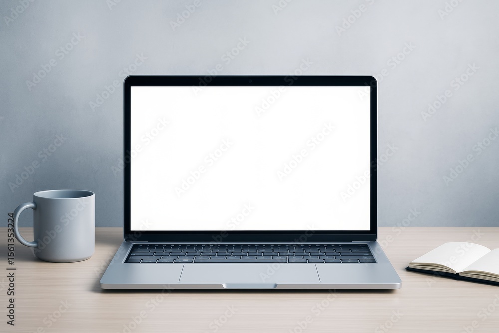 Poster Laptop with blank screen on wooden desk with mug and notebook against clean light background for design mockup or copyspace concept.
