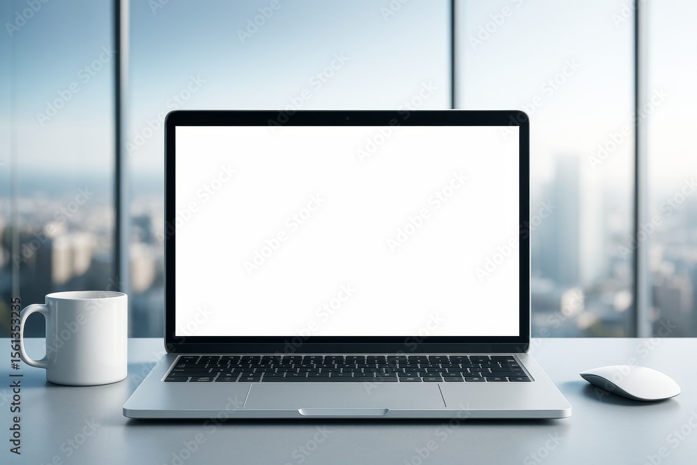 Poster laptop with blank screen on office desk in front of window with city view, cup and mouse on sides fo