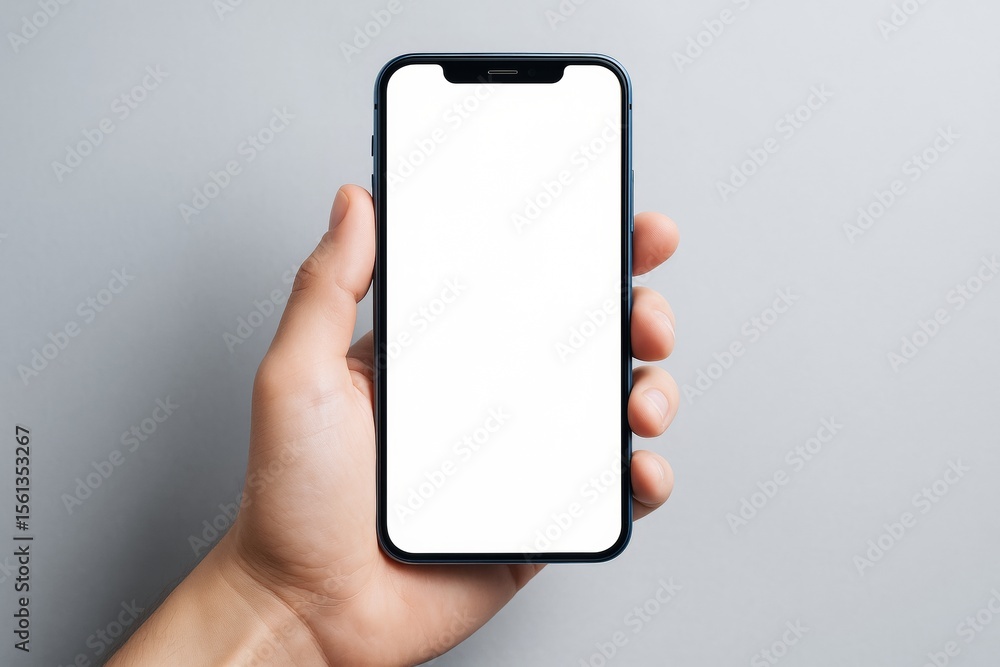 Poster hand holding smartphone with blank white screen for mockup or app display on light background, ideal