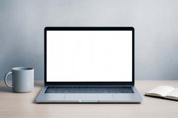 Fototapeta premium Laptop with blank screen on wooden desk with mug and notebook against clean light background for design mockup or copyspace concept.
