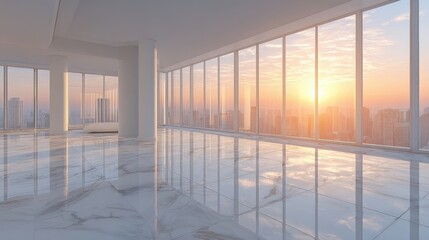 Modern Office Interior with City Sunset View
