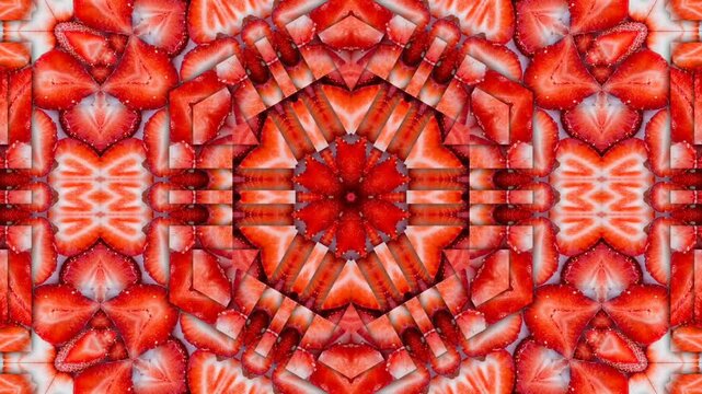 Kaleidoscopic red pattern resembling strawberries. Ideal for food packaging, textile designs, and vibrant backgrounds in various graphic projects.animated footage 