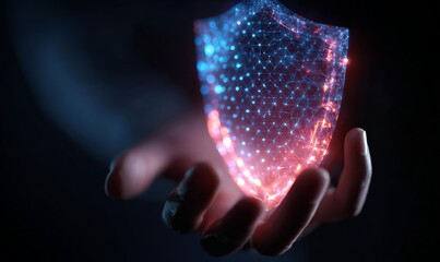 A glowing digital shield held by a hand, symbolizing cybersecurity and protection.