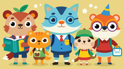 Naklejka premium Vibrant Back to School: Cute set of animal students with school acces