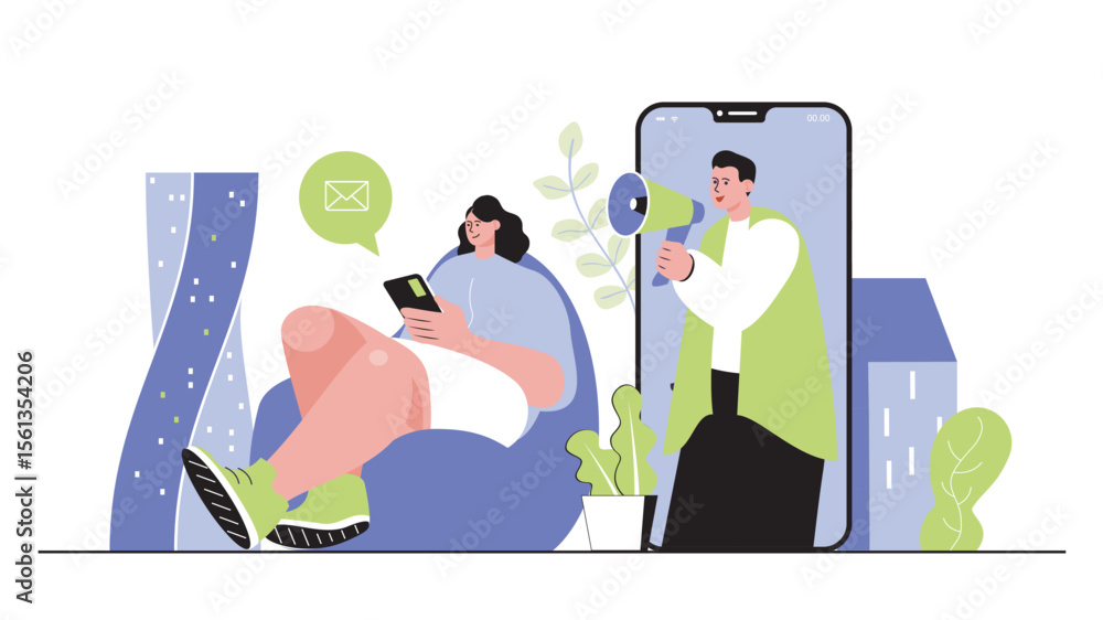 Poster digital marketing concept for modern web design. people with megaphone making online advertising for
