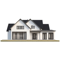 Modern farmhouse style white exterior house with black metal roof and large windows isolated on transparent background