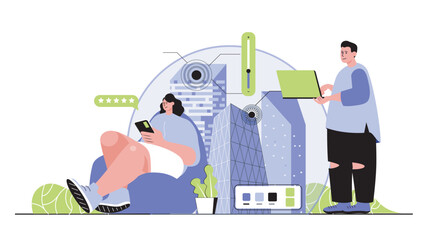 Smart city concept for modern web design. People monitoring and managing homes with eco friendly infrastructure, using green electricity in apps. Flat vector illustration isolated on white background.