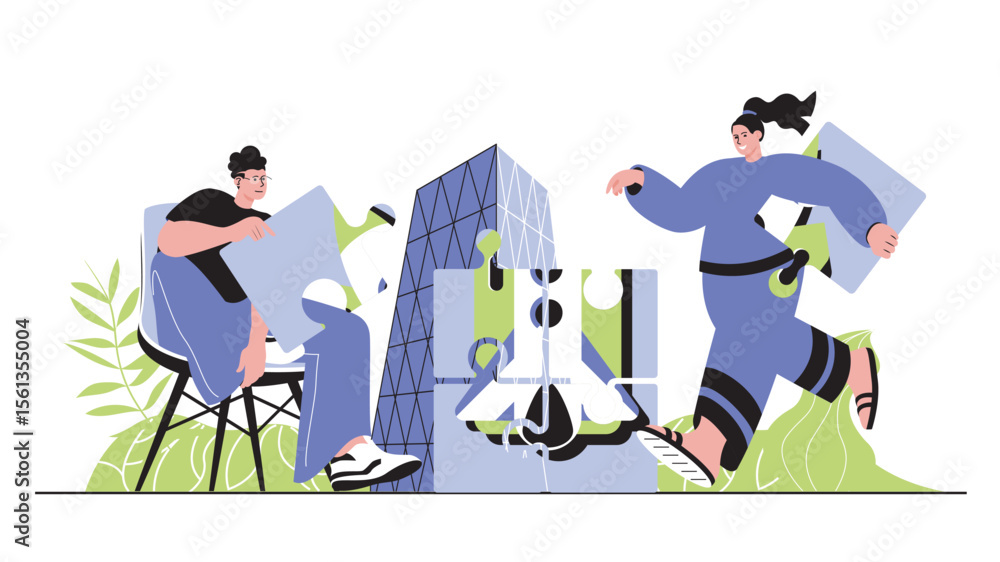 Poster Teamwork concept for modern web design. People working together, creating success partnership, brainstorming and developing business in team. Flat vector illustration isolated on white background.