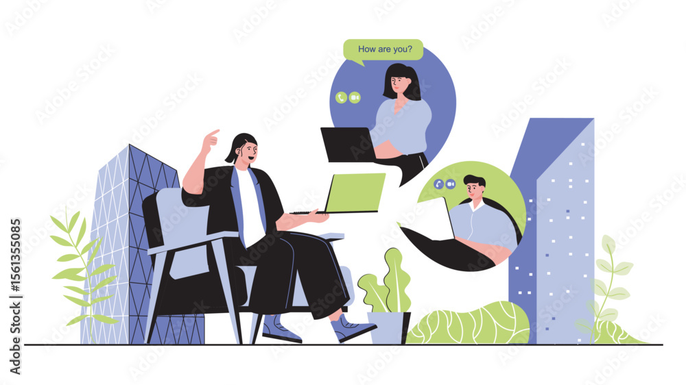 Poster video conference concept for modern web design. people connecting and talking with friends on zoom, 
