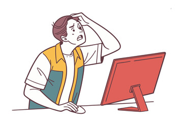 Frustrated Man at Computer: A man is shown staring at a computer screen, with a look of shock and frustration. He is depicted in a cartoonish style, adding a touch of visual humor. 