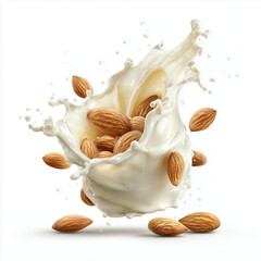 Almond Milk Splash with Almonds - A Nutritious Drink , white background cut out PNG