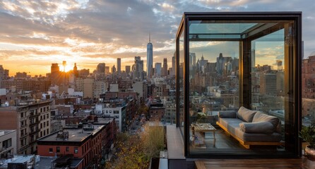 Fototapeta premium Rooftop glass box overlooking NYC skyline at sunset