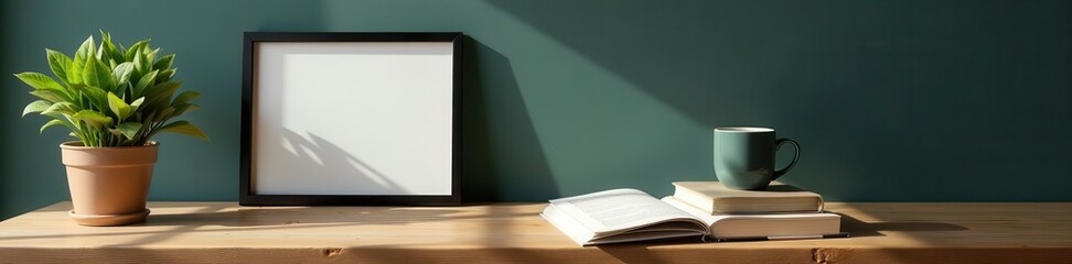 Fototapeta premium Black frames, coffee, books, wooden bench, Scandinavian style , display, template, white