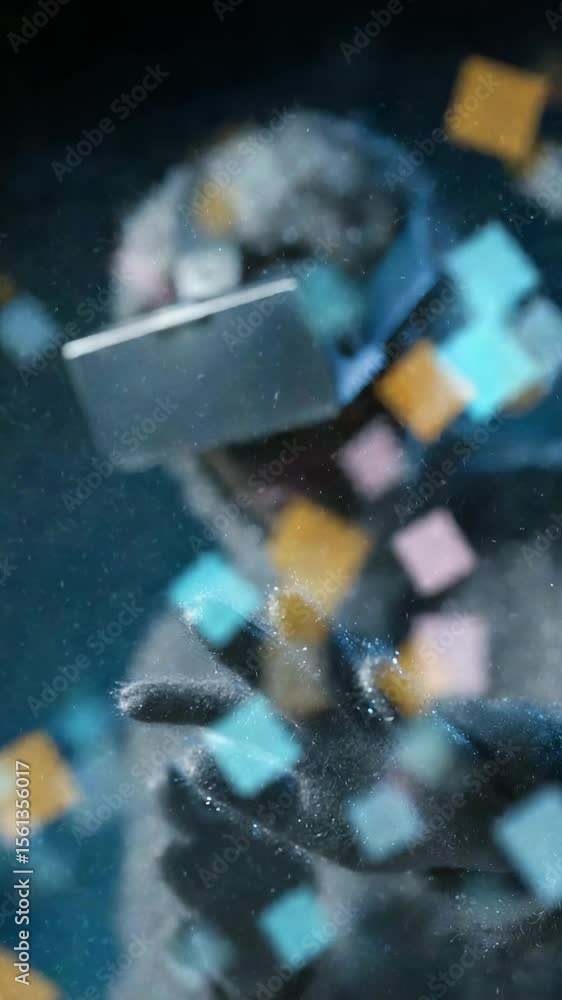 Poster individual engages in virtual reality, interacting with colorful floating elements in a high-tech en