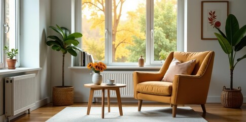 Fototapeta premium Cozy armchair near wooden coffee table by window, Scandinavian living room , room, scandinavian, living room